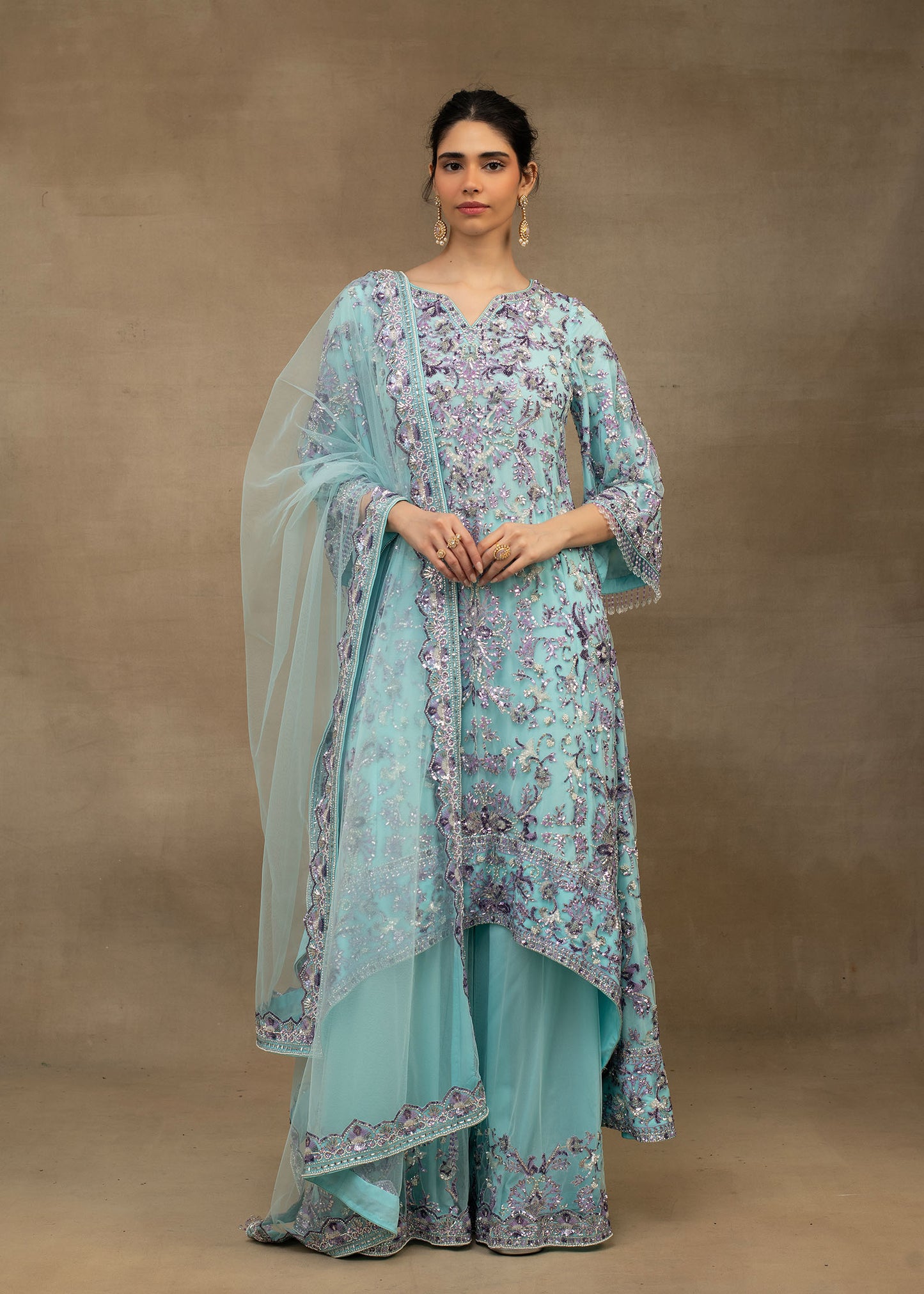 Light Blue Embroidered Kurta and Sharara Set with Dupatta