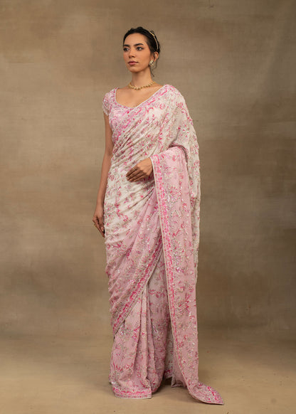 Pink and White Floral Saree