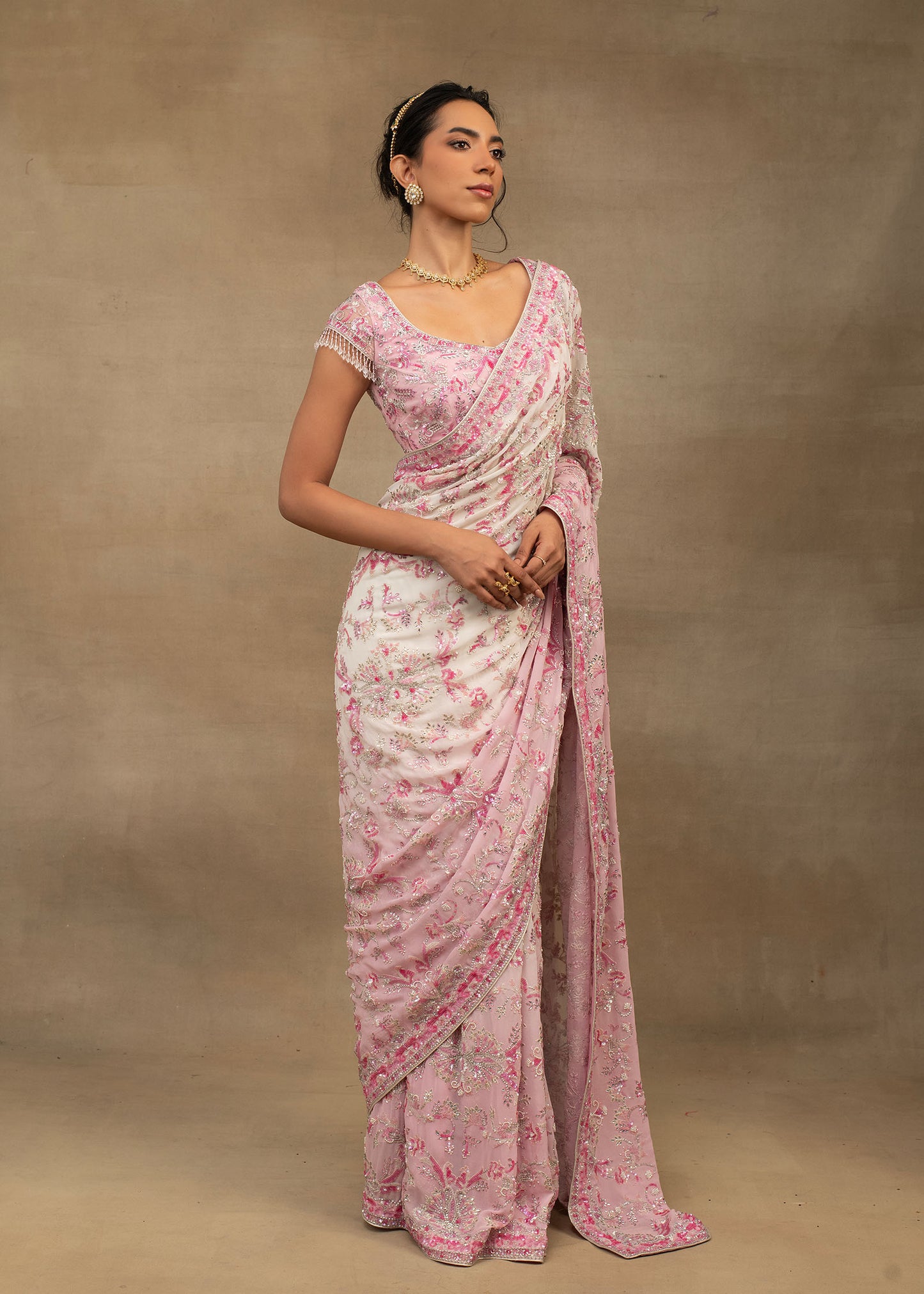 Pink and White Floral Saree