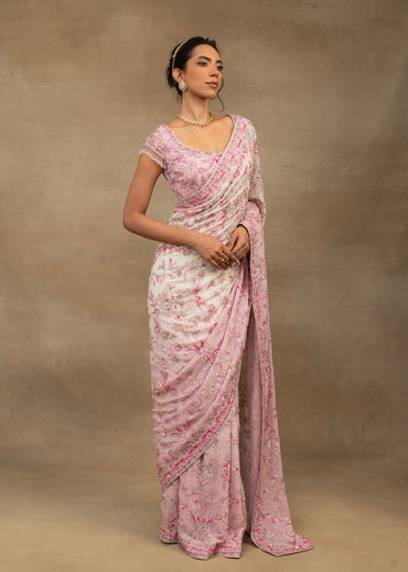Pink and White Floral Saree