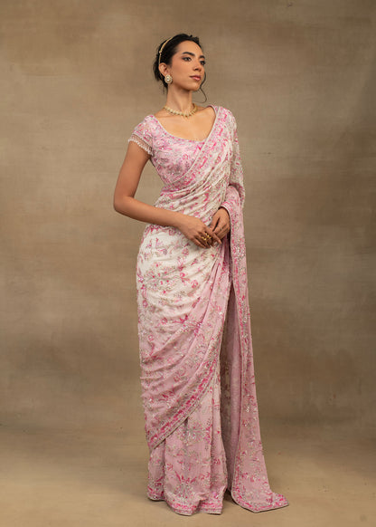 Pink and White Floral Saree