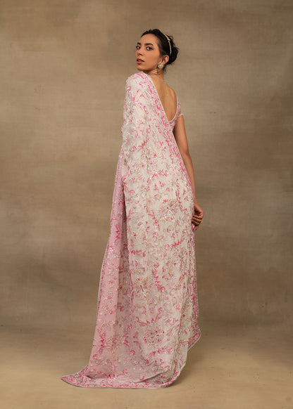 Pink and White Floral Saree
