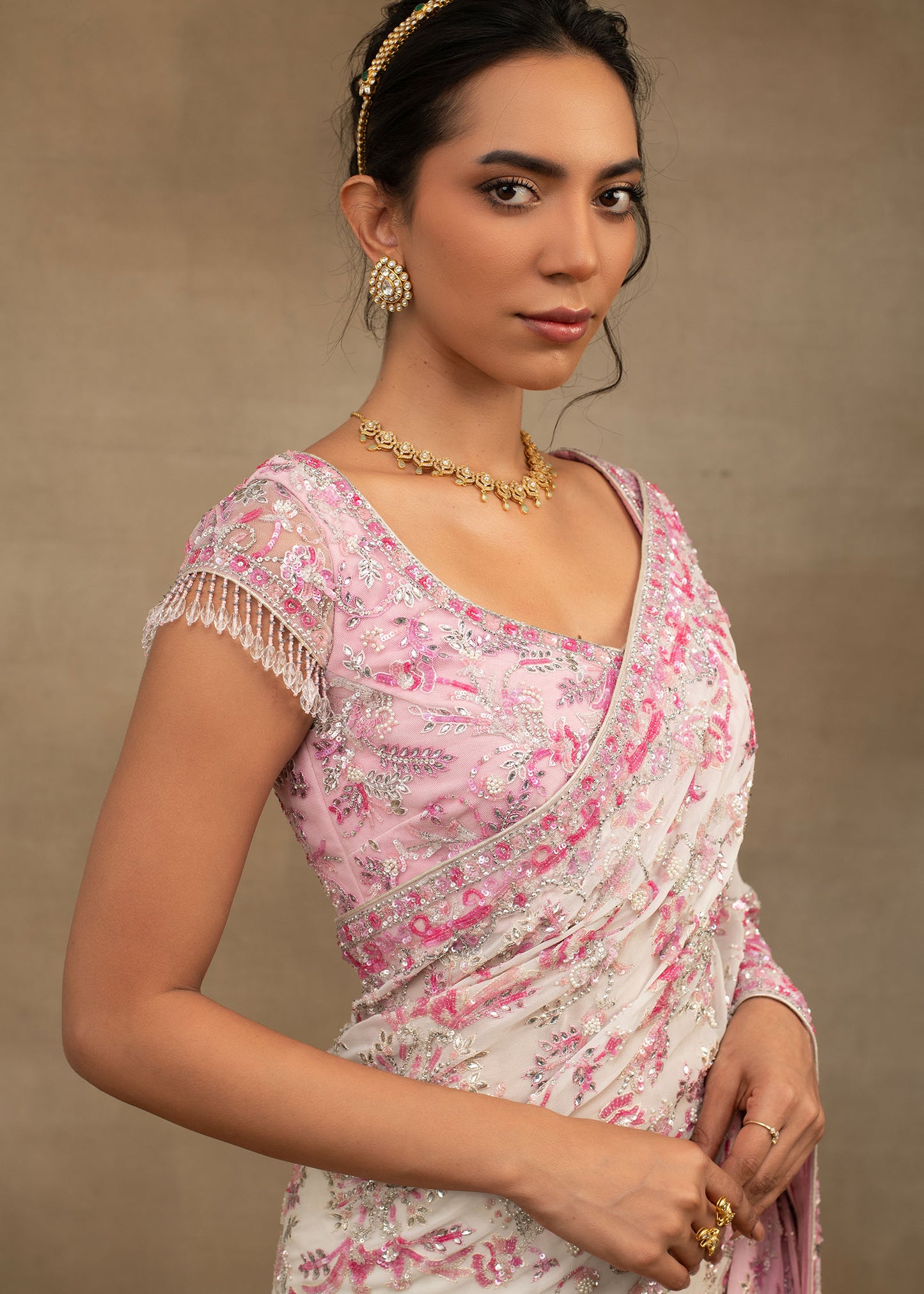 Pink and White Floral Saree