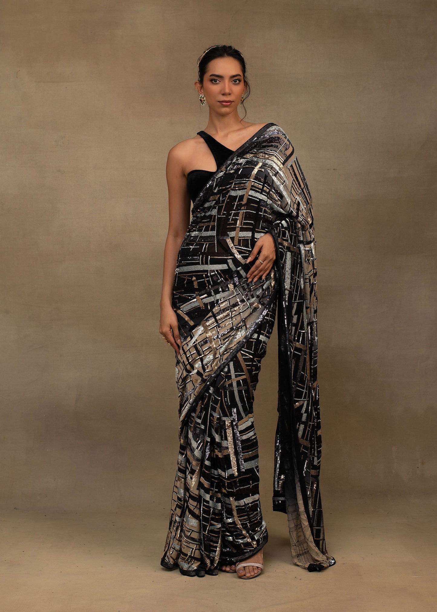 Black and Silver Geometric Sequin Saree with One-Shoulder Blouse