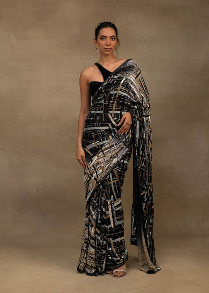 Black and Silver Geometric Sequin Saree with One-Shoulder Blouse