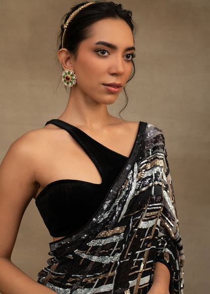 Black and Silver Geometric Sequin Saree with One-Shoulder Blouse