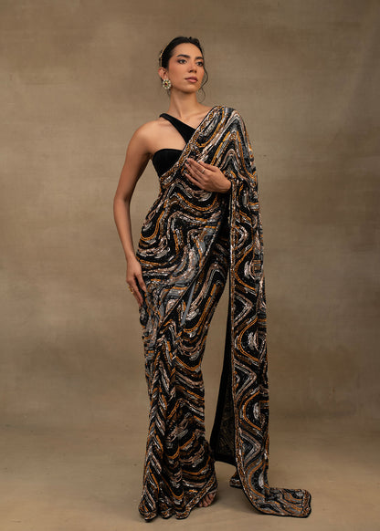 Black and Gold Abstract Sequin Saree with One-Shoulder Blouse