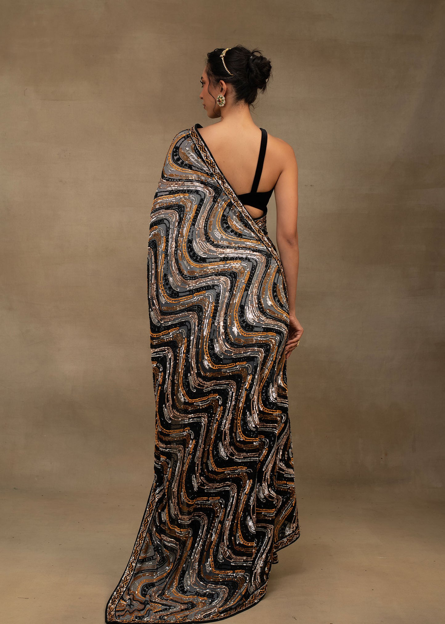Black and Gold Abstract Sequin Saree with One-Shoulder Blouse
