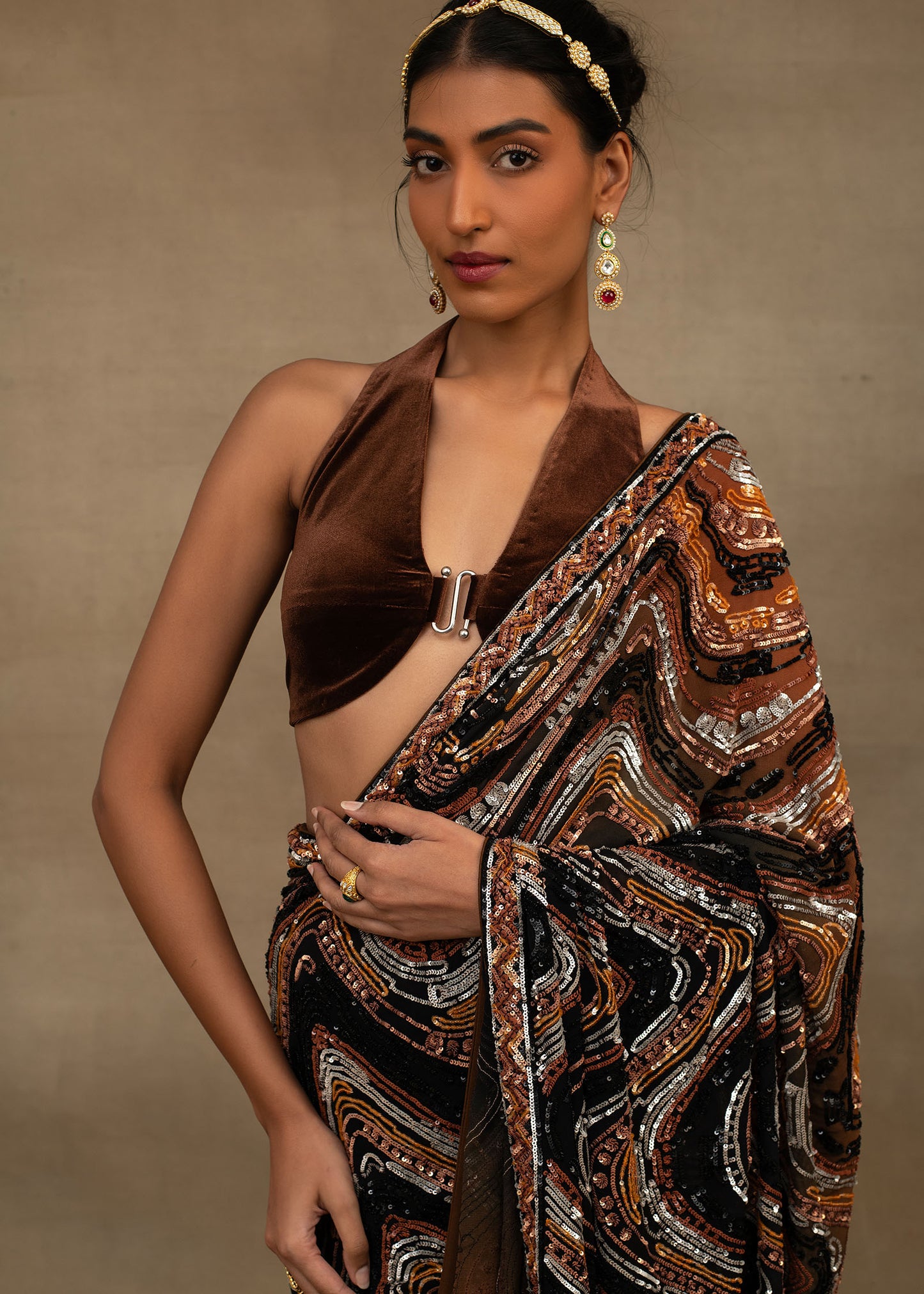 Brown and Black Abstract Sequin Saree with Halter Blouse