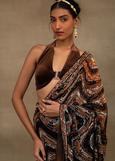 Brown and Black Abstract Sequin Saree with Halter Blouse