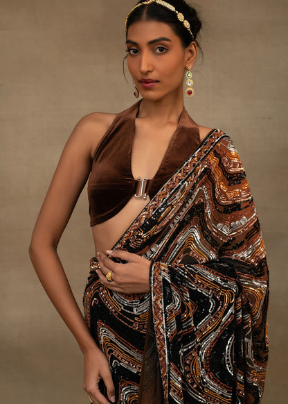 Brown and Black Abstract Sequin Saree with Halter Blouse
