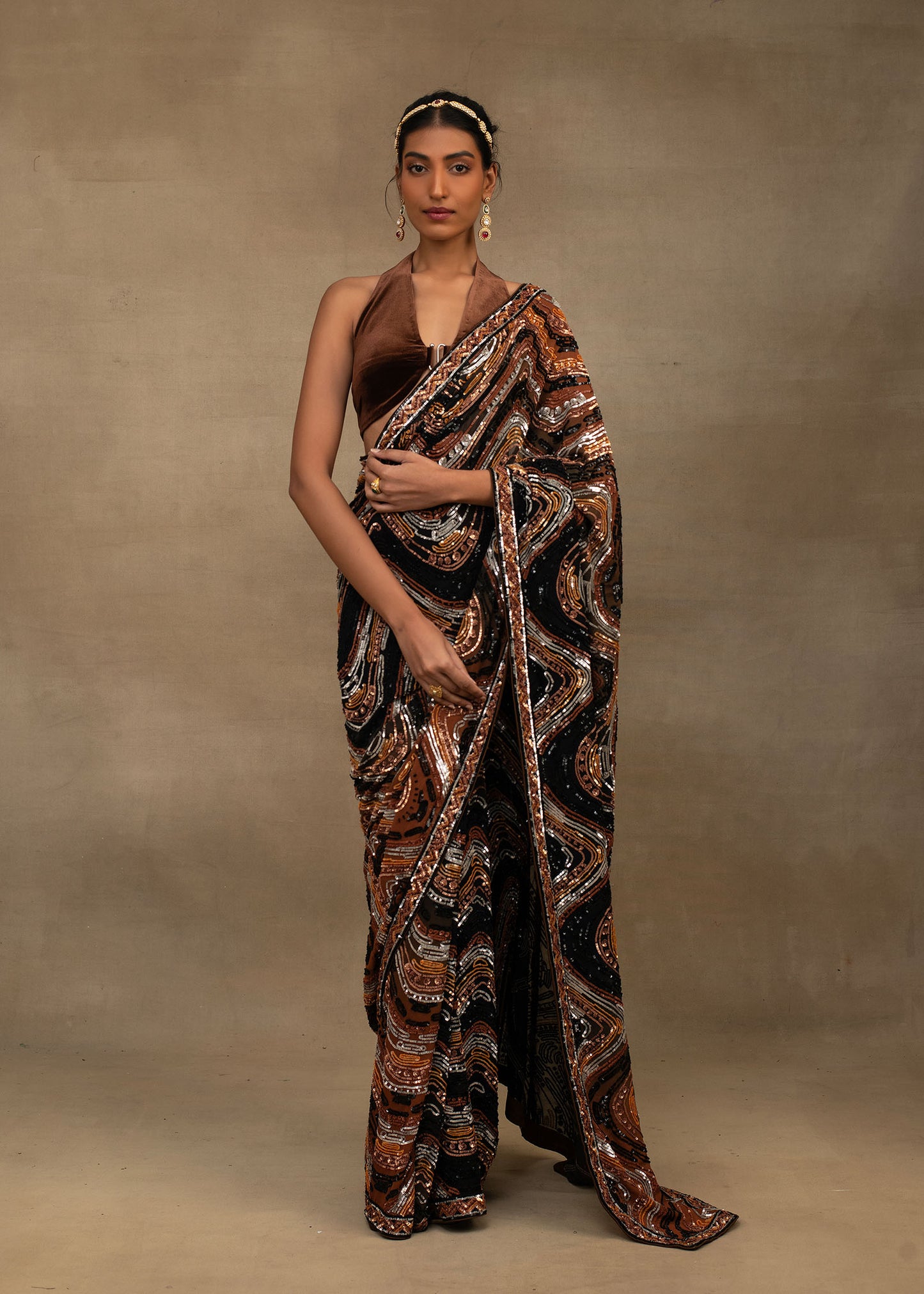 Brown and Black Abstract Sequin Saree with Halter Blouse