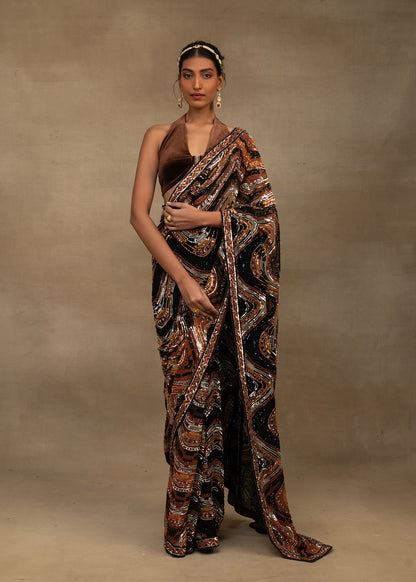 Brown and Black Abstract Sequin Saree with Halter Blouse