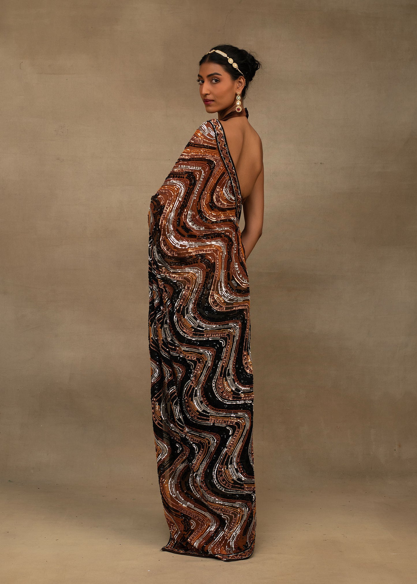 Brown and Black Abstract Sequin Saree with Halter Blouse