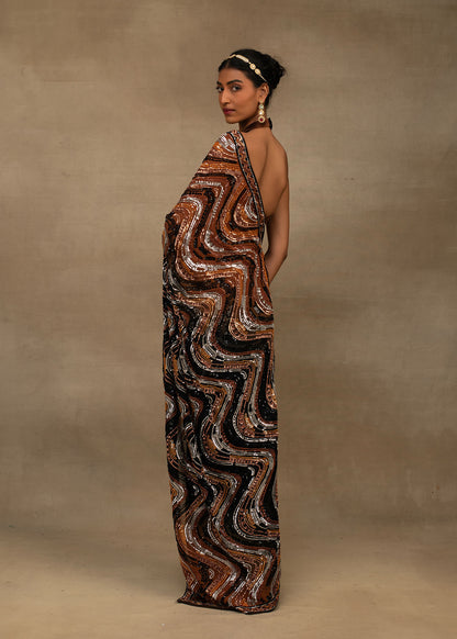 Brown and Black Abstract Sequin Saree with Halter Blouse