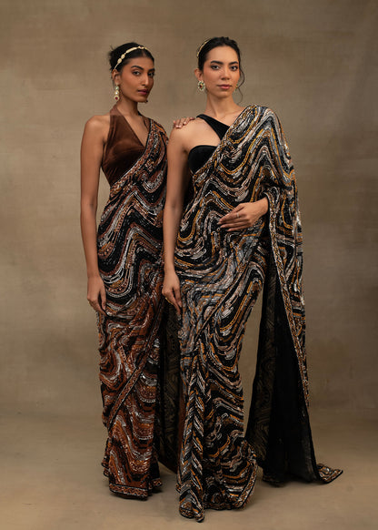 Brown and Black Abstract Sequin Saree with Halter Blouse