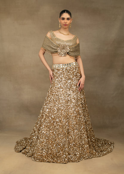 Gold Sequin Ruffled Blouse and Lehenga Set
