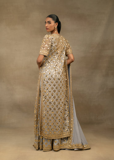Grey and Gold Embellished High-Neck Kurta Set