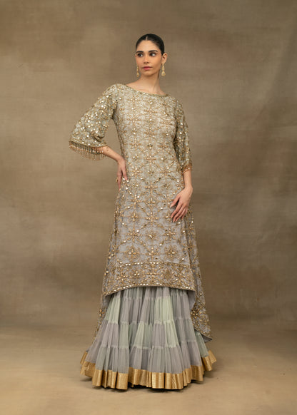 Grey and Gold Embellished Layered Sharara Set