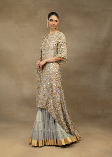 Grey and Gold Embellished Layered Sharara Set