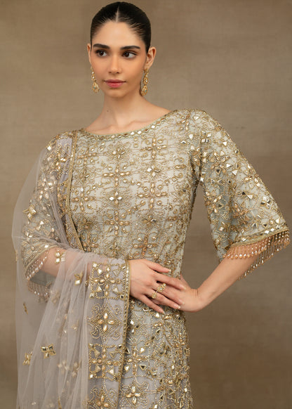 Grey and Gold Embellished Layered Sharara Set