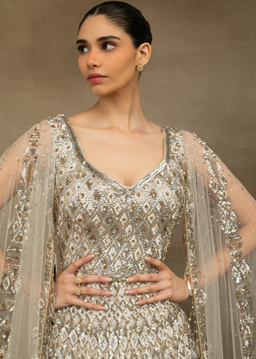 Silver and Gold Embellished Gown with Sheer Cape Sleeves