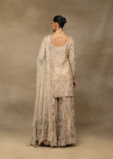 Beige Embroidered Kurta and Sharara Set with Dupatta