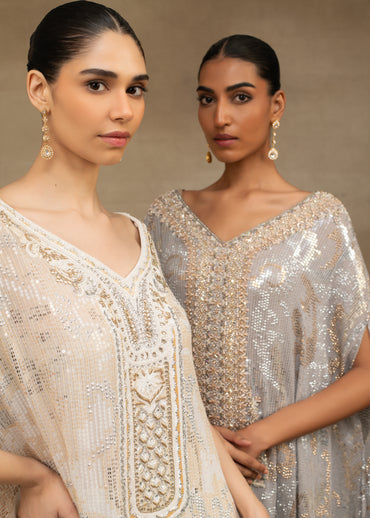 Grey and Gold Embellished Kaftan Kurta with Sharara Set