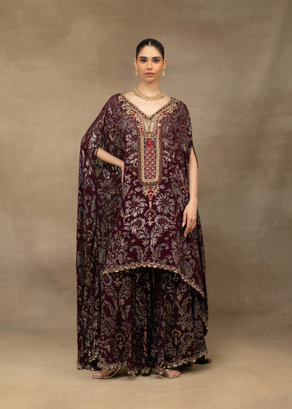 Maroon Embroidered Kaftan Kurta with Palazzo Set