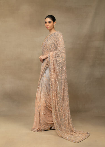Rose Gold Embellished Saree with Beaded Fringe Blouse