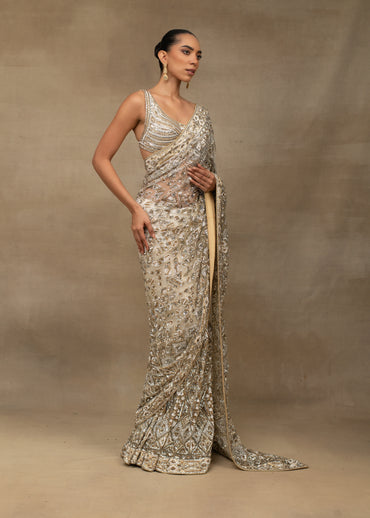Silver and Gold Embellished V-Neck Saree