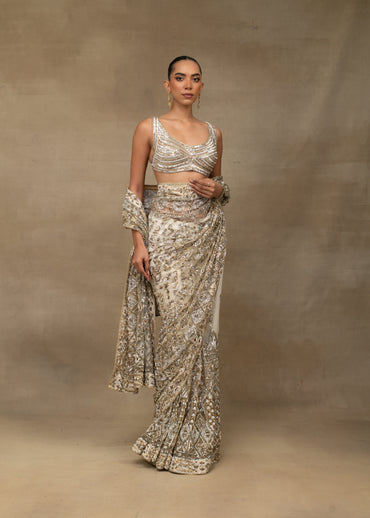 Silver and Gold Embellished V-Neck Saree