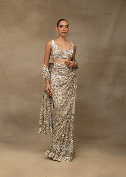 Silver and Gold Embellished V-Neck Saree