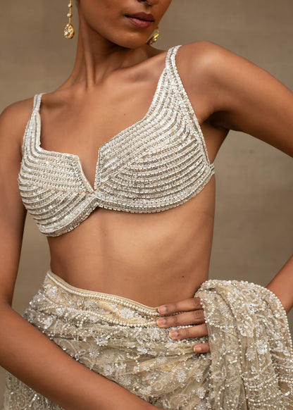 Ivory and Gold Sequin Saree with Beaded Bralette Blouse