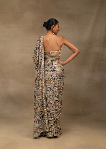 Navy Blue and Gold Embroidered Saree with Strapless Blouse
