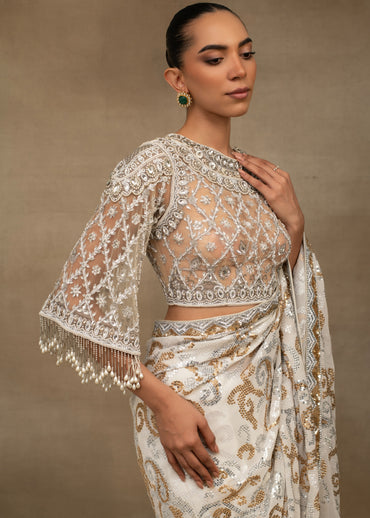 White and Gold Embroidered Saree with Sheer Blouse