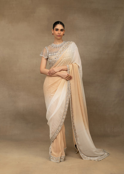 Ombre Beige and White Embellished Saree with Beaded Blouse