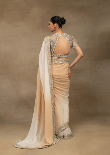 Ombre Beige and White Embellished Saree with Beaded Blouse