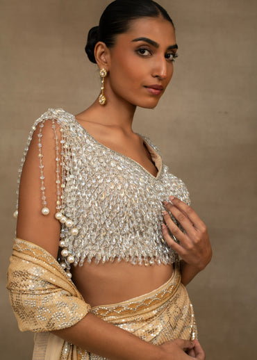 Gold Sequin Saree with Pearl Fringe Blouse