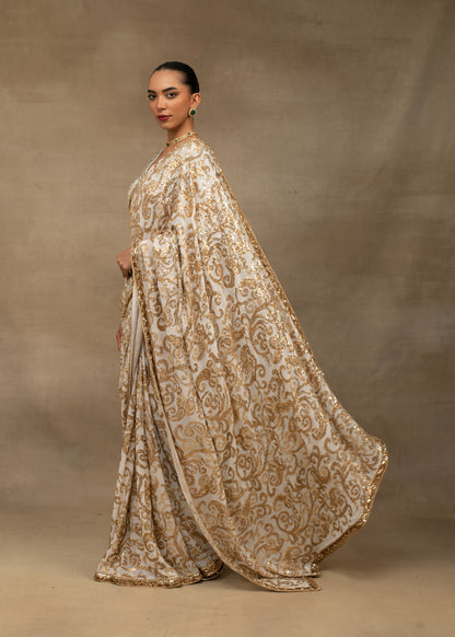 Ivory and Gold Sequin Embroidered Saree with Embellished Blouse