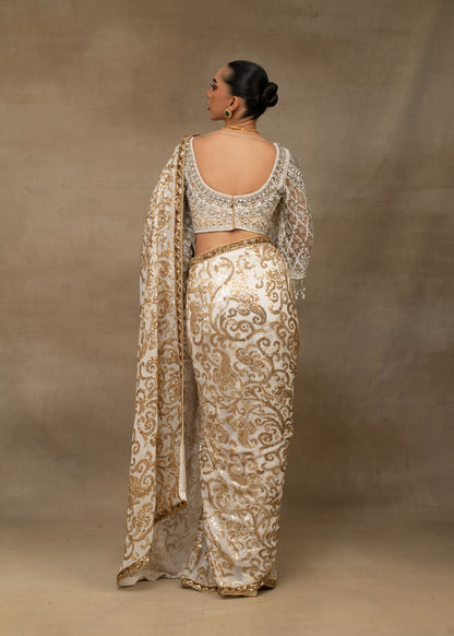 Ivory and Gold Sequin Embroidered Saree with Embellished Blouse