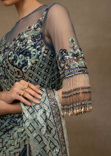 Slate Blue Geometric Sequin Saree with Illusion Blouse