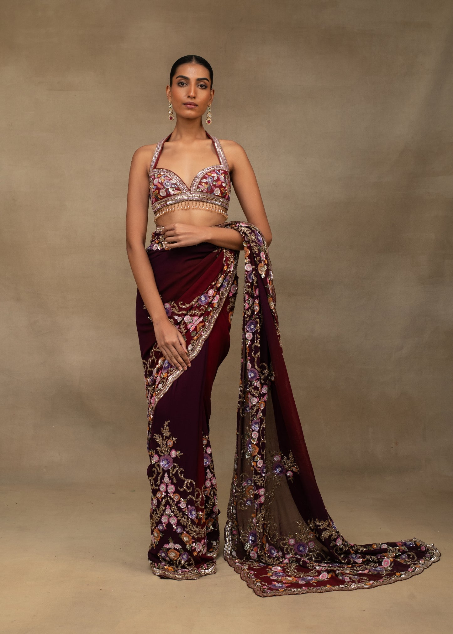 Maroon Floral Embroidered Saree with Halter Blouse