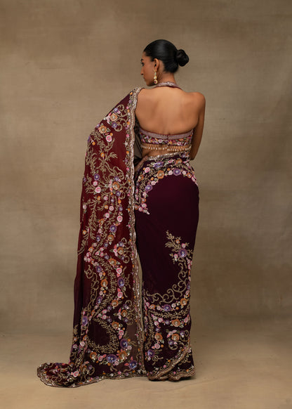 Maroon Floral Embroidered Saree with Halter Blouse