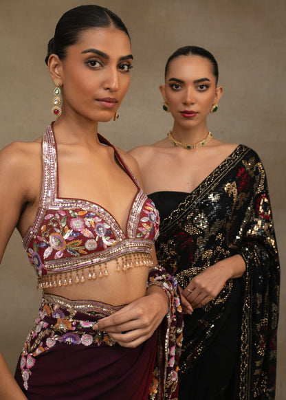 Maroon Floral Embroidered Saree with Halter Blouse