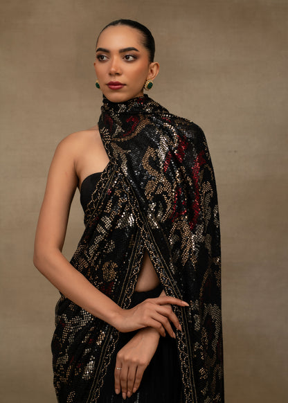 Black and Maroon Sequin Saree