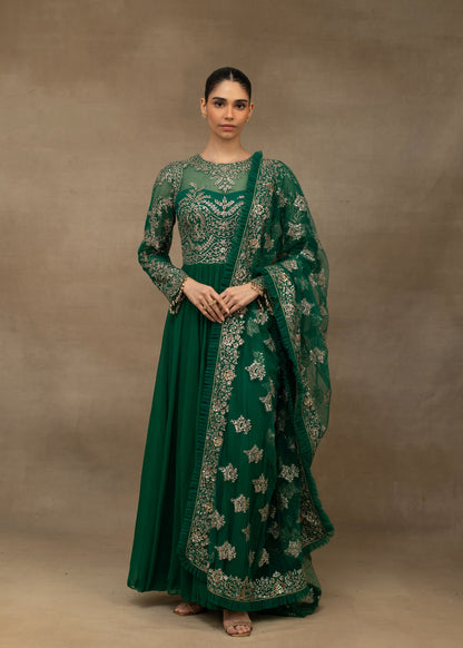 Emerald Green Embroidered Anarkali with Dupatta