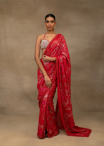 Ruby Red Sequin Embroidered Saree with Embellished Bralette