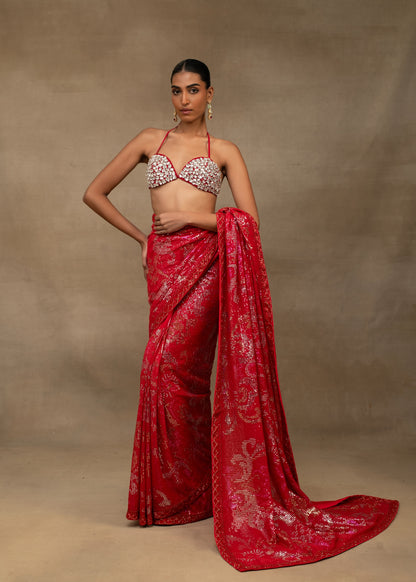 Ruby Red Sequin Embroidered Saree with Embellished Bralette