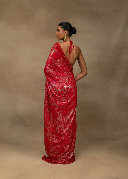 Ruby Red Sequin Embroidered Saree with Embellished Bralette